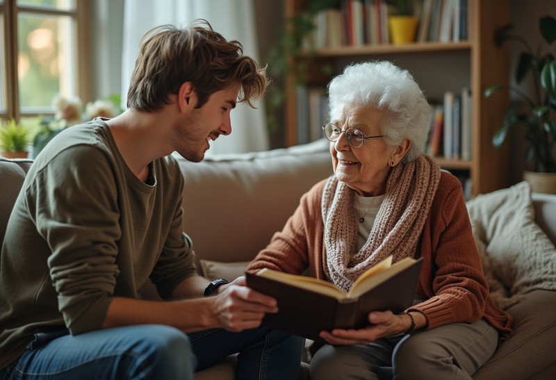 Ein junger Man und eine ältere Frau reden über ein Buch.