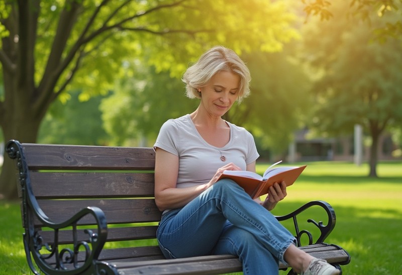 Eine Frau liest ein Buch auf einer Bank.