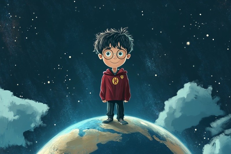 Illustration von Harry Potter auf dem Globus.