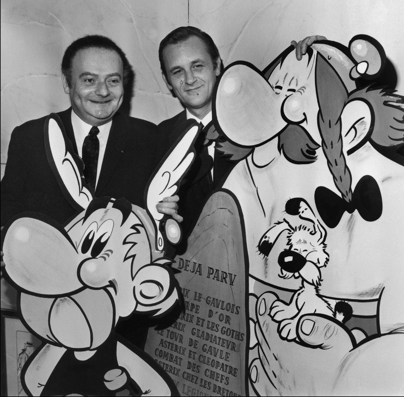 René Goscinny und Albert Uderzo mit Asterix und Obelix.