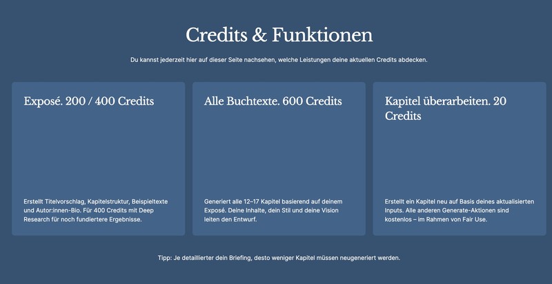 Das Credit-Modell für die KI-Bucherstellung.