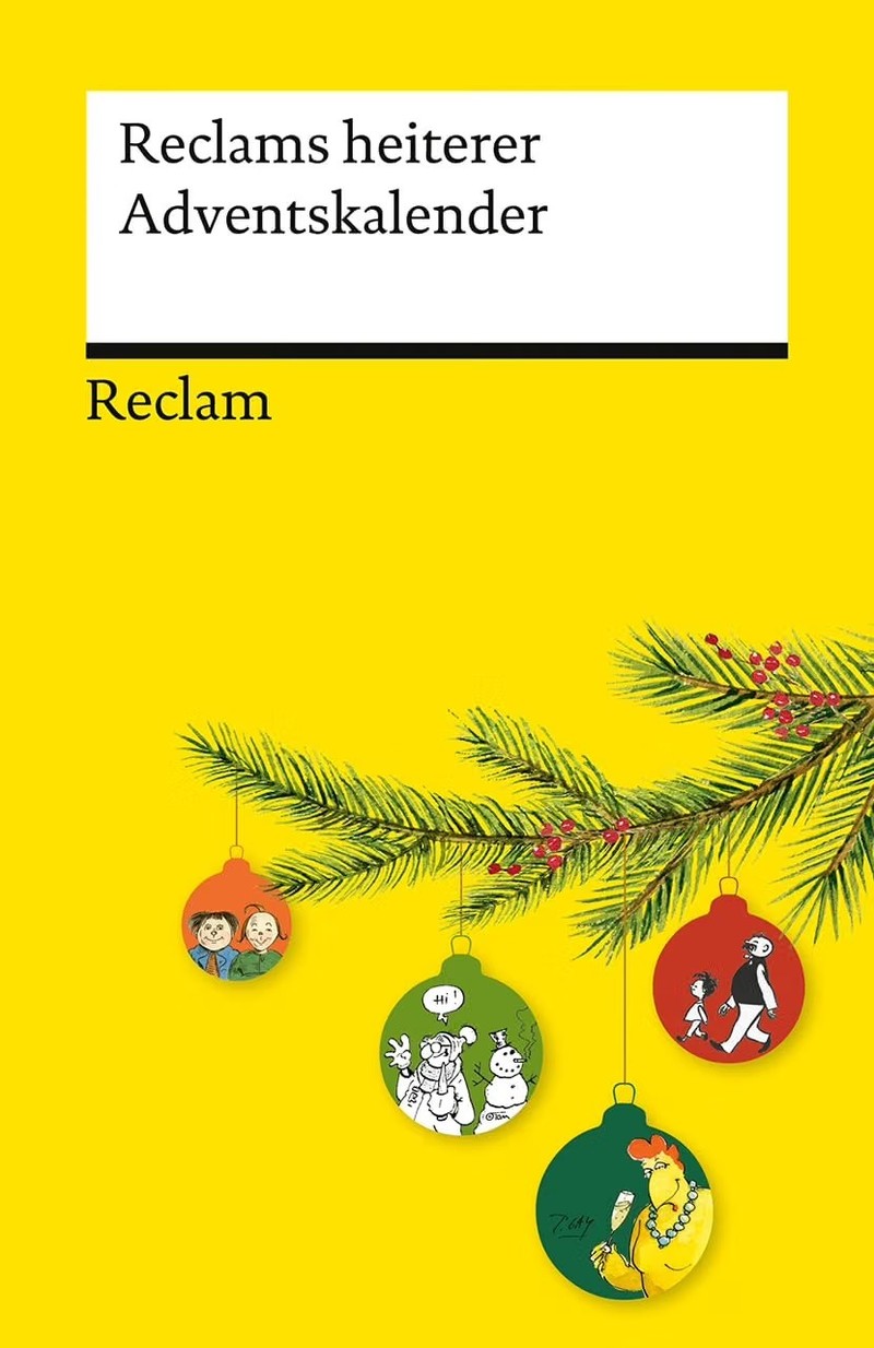 „Reclams heiterer Adventskalender“ kommt natürlich in klassischem gelb.